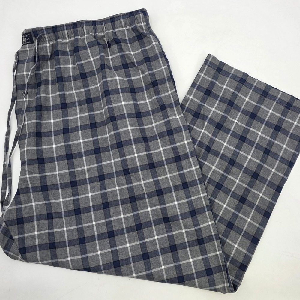 POLO RALPH LAUREN PLAID PAJAMA PANTS MENS 3XL GRAY BLUE PONY SLEEPWEAR POCKETA